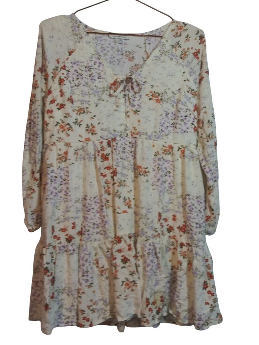 AE Light Cream Floral Tiered Babydoll Boho Dress Long Sleeve Cottage Size Small